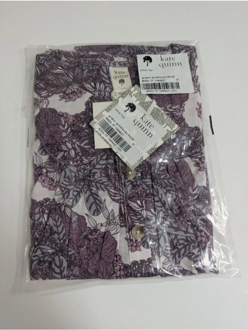 Kate Quinn Organic Cotton Olive Top Grape Goldilocks Floral 3T Sleeveless